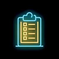 Neon clipboard with checklist glowing on dark background vector