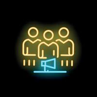 Neon icon of marketing campaign showing audience and megaphone vector