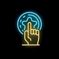 Hand pressing button with star neon light icon vector