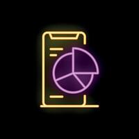 Neon icon of mobile phone showing pie chart on screen vector
