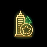 Neon style icon symbolizing hotel rating increasing with green up arrow vector