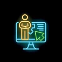 Neon icon of a businessman standing in a computer screen managing a website with a mouse arrow vector