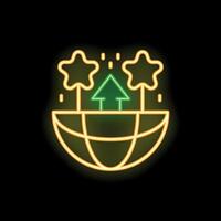 Neon icon of green house with arrow pointing up on planet earth with stars vector