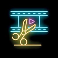 Neon scissors cutting film strip with play button for editing concept vector