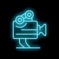 Neon movie camera shining on black background vector