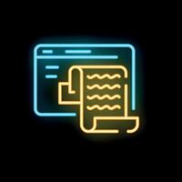 Neon icon of document exiting computer screen representing online content creation vector