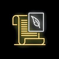 Neon icon of feather pen writing on paper scroll representing copywriting vector
