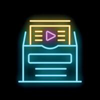 Neon icon of file storage folder glowing on dark background vector