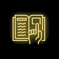 Neon sign of a hand pointing at an open book vector