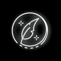 Neon sign of feather pen with stars in circle on black background vector