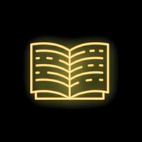 Yellow neon open book shining on black background vector