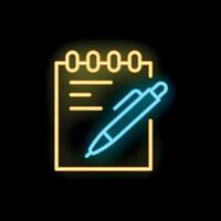 Neon sign of pen writing on notepad for business idea concept vector