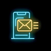 Neon sign of smartphone sending email message on black background vector