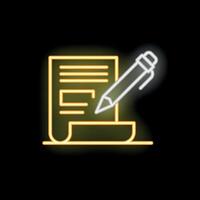 Neon sign of pen writing on paper representing content creation vector