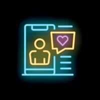 Neon icon of mobile phone showing user profile with heart like notification vector