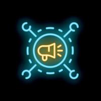 Neon icon style digital marketing strategy with megaphone inside circle and network nodes around on black background vector