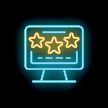 Neon icon of computer screen displaying three stars for online feedback and rating system vector