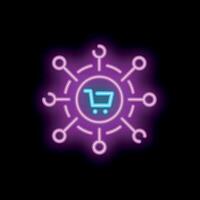 Glowing neon sign depicting the omnichannel concept with a shopping cart icon at the center vector
