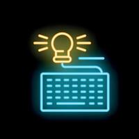 Neon icon of light bulb shining over computer keyboard for content writing vector