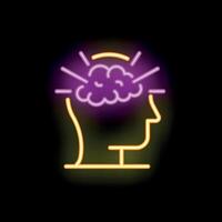 Neon sign of human head with glowing brain having an idea vector