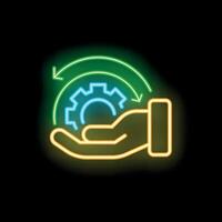 Hand holding gear with rotating arrows neon sign icon on black background vector