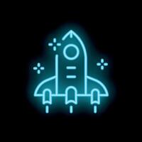 Neon rocket launching through space icon vector