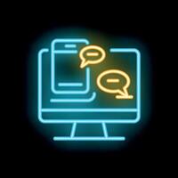 Neon icon of mobile phone and computer screen displaying chat bubbles, symbolizing communication and technology vector