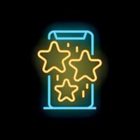 Mobile phone displaying five stars neon sign on black background vector