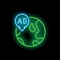 Neon icon of advertisement pin showing global marketing reach vector