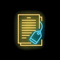 Neon icon of documents with tag representing product labeling vector