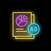 Neon icon of papers with charts and ad mark representing marketing strategy vector