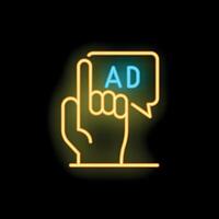 Hand pointing at ad button neon sign on a black background vector