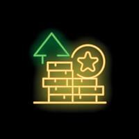 Neon sign of christmas tree growing on a pile of coins with a star above it vector