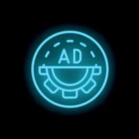 Neon sign depicting a marketing campaign with cogwheels turning and banner displaying ad acronym vector