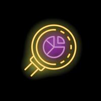 Neon icon of magnifying glass analyzing pie chart data vector