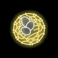 Neon sign of bird nest holding three eggs on black background vector