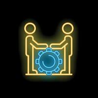 Two businessmen joining hands around a gear in neon light style vector