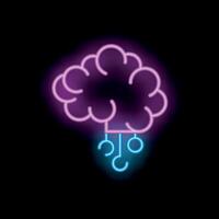 Neon brain generating question marks hanging on wires on black background vector
