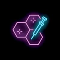Neon syringe injecting into honeycomb icon glowing on dark background vector