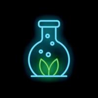 Neon icon of erlenmeyer flask growing green leaves representing biotechnology vector