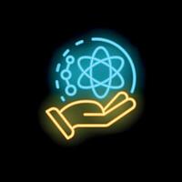 Hand holding atom molecule science technology neon sign icon background vector
