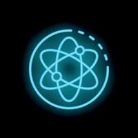 Neon blue atom orbiting electrons science technology icon vector