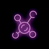 Neon style icon showing molecule structure with central nucleus and four atoms orbiting around vector