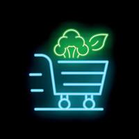 Neon shopping cart speeding with broccoli inside on black background vector