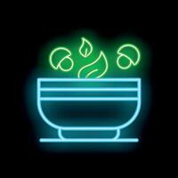 Neon icon of steaming bowl with mushrooms and herbs vector