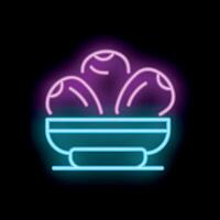 Neon sign showing dates fruit bowl on black background vector