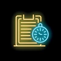 Neon clock over clipboard representing time management concept vector
