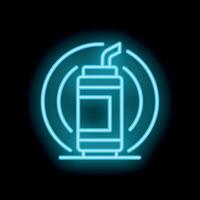 Blue neon sign showing a soft drink in a can with a straw emitting radio waves on a black background vector