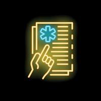 Hand pointing medical report with caduceus symbol neon sign vector