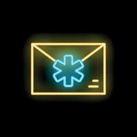 Neon icon of mail envelope with medical sign glowing on black background vector